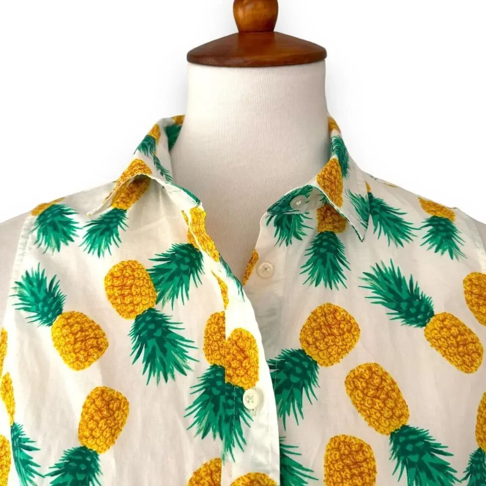 J. Crew White Pineapple Print Sleeveless Button Up Cropped Blouse Top Size M